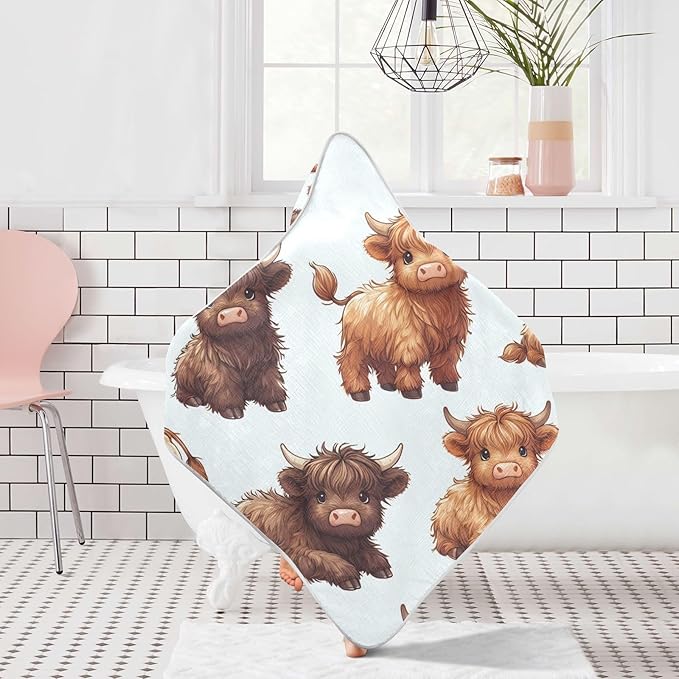 Highland Cows Hooded Baby Bath Towels, Cotton Soft Hooded Towel for Babies - Absorbent Baby Bath Towels 30x30 Inch