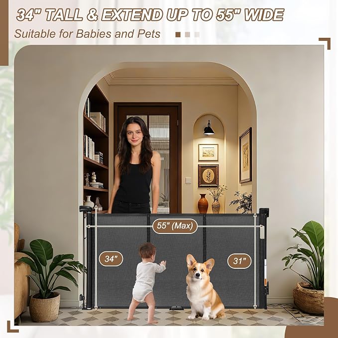 Reinforced 55" Wide Retractable Gate with Reinforced Strips, Indoor/Outdoor Retractable Dog Gate for Doorway Prevent Bottom Drilling Through, Safety Mesh Gate, Black