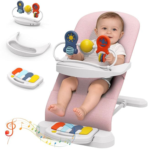 Baby Bouncer Seat, 3-Speed Adjustable Height Baby Bouncer Seat, 4-in-1 Bouncer Seat for Babies 0-6 Months, Detachable Piano Pedals, Feeding Tray