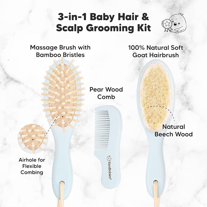 KeaBabies Baby Hair Brush and Baby Comb Set & Baby Washcloths - Wooden Baby Brush with Soft Goat Bristle - Bamboo Viscose Baby Towels and Washcloths