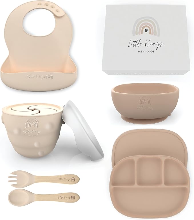 Baby Feeding Set - Baby Must Haves Gift Set - Baby Led Weaning Supplies - Toddler Silicone Feeding Set - Suction Baby Bowl, Bib, Snack Cup, Utensils, Baby Plate Set of 8 (Beige)