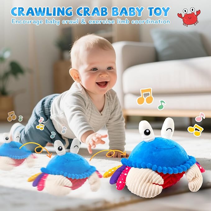 Baby Toys 6-12 Months, Musical Crawling Crab Plush Toy - 40 Songs & Recording Feature, Dancing Walking Moving Bouncing Tummy Time Toy, Sensory Toys for Toddlers 1-3, Birthday Gifts for Infants