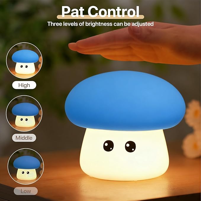 Cute Blue Mushroom Night Light for Kids Rechargeable, Battery Operated Nightlight 3 Level Dimmable with RGB&Timer, Silicone Touch Nursery Lamp for Baby Girls Boys Bedroom Gifts