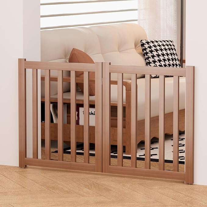 Wooden Freestanding Foldable Dog Gate, 24 Inch Height 2 Panel Pet Gate No Drill for Doorways Stairs, Fully Assembled Indoor Puppy Fence (Teak Color, 40" W x 24" H)
