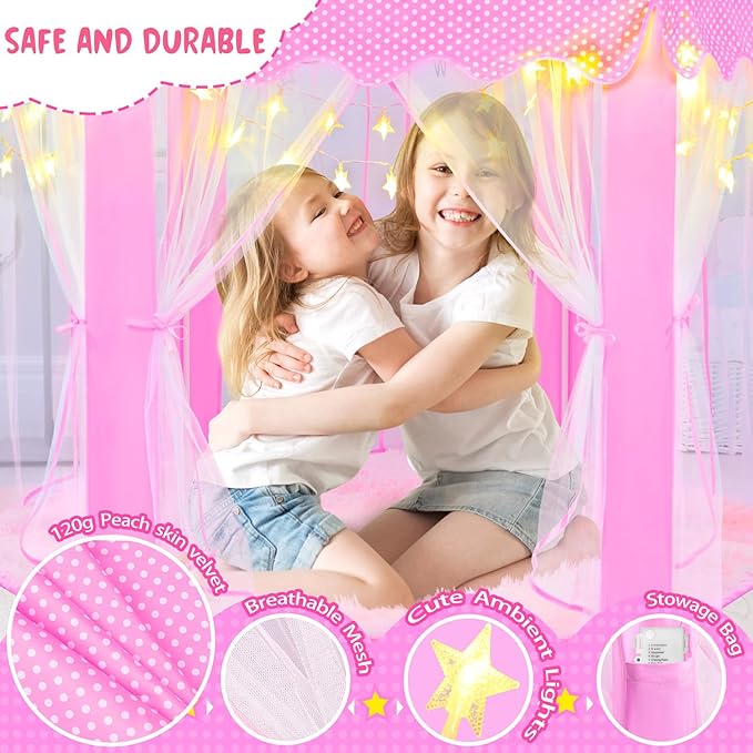 Pink Princess Tent for Girls With LED Small Star Lights, Castle Playhouse for Children Toddlers Indoor Outdoor Games, 5553 Inches