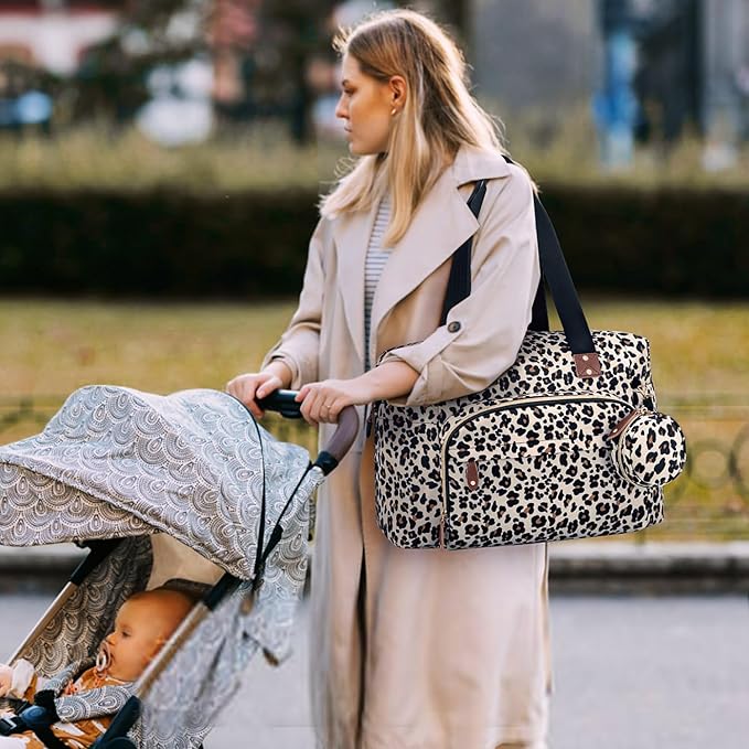 Tenot Diaper Bag Tote with Pacifier Case, Baby Bag for Women with Shoulder Straps, Travel Diaper Tote for for Mom and Dad Medium Size, Leopard Print