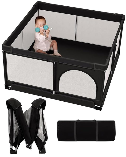 Veraste Foldable Baby Playpen, 51"x51" Indoor & Outdoor Play Yard with Single-Joint Frame, Breathable Mesh, Non-Slip Base, Portable Playpen for Toddlers and Infants (Black)