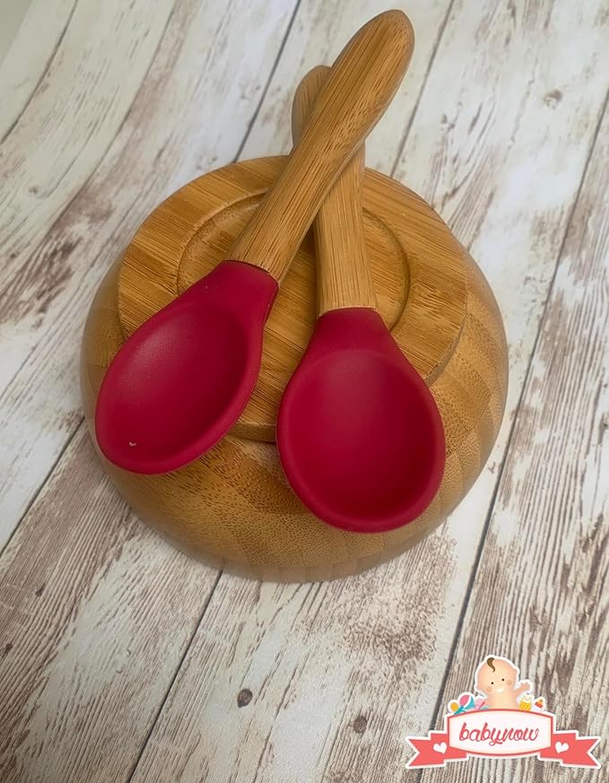 Babynow Bamboo Baby Spoons Self-Feeding Supplies for 6+ Months Babies & Toddlers in Bamboo & Soft Tip Designs BURGUNDY Pack of 2