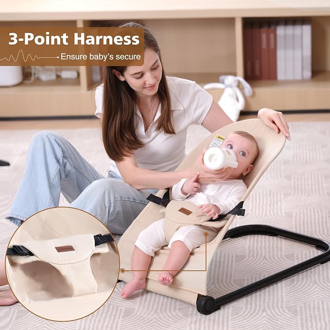 Baby Bouncer,Baby Bouncer Seat,Portable Infant Bouncer with 3-Point Safety Harness,Ergonomic Bouncy seat, Bouncer for Babies 0-6 Months up to 20lbs (Apricot)