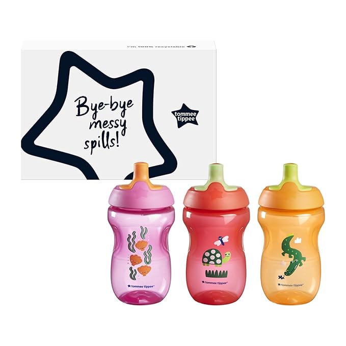 Tommee Tippee Sporty Bottle, 10oz Sippy Cups for Toddlers 1-3, Spill-Proof, Bite Resistant Spout, Easy to Hold Design, BPA Free, Pack of 3, Pink, Red and Orange