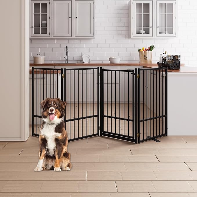 4 Panels Full Metal Freestanding Dog Gates with Door, 80” W x 36” H Folding Pet Gate Fence with Support Feet for Indoor,Stairs, Hallways and Doorways(Black)