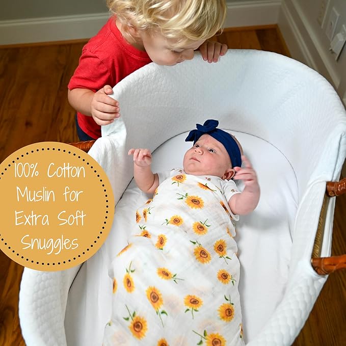 LollyBanks Baby Blanket, 100% Cotton Muslin Swaddle Blankets for Girls, Large 47 x 47 Inches Newborn Blanket, Soft and Breathable Receiving Blankets, Baby Essentials, Registry (Sunflower Print)