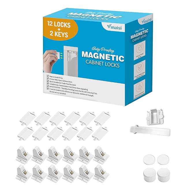 Vmaisi Adhesive Magnetic Cabinet Locks (12 Locks and 2 Keys)
