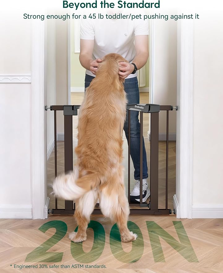 Babelio Baby Gate for Doorways and Stairs, 26-40" Auto Close Dog Gate, PressGuard C5, Easy-Install Pressure Mounted Satey Door, No Drilling Safety Gate for Child and Pets, Brown
