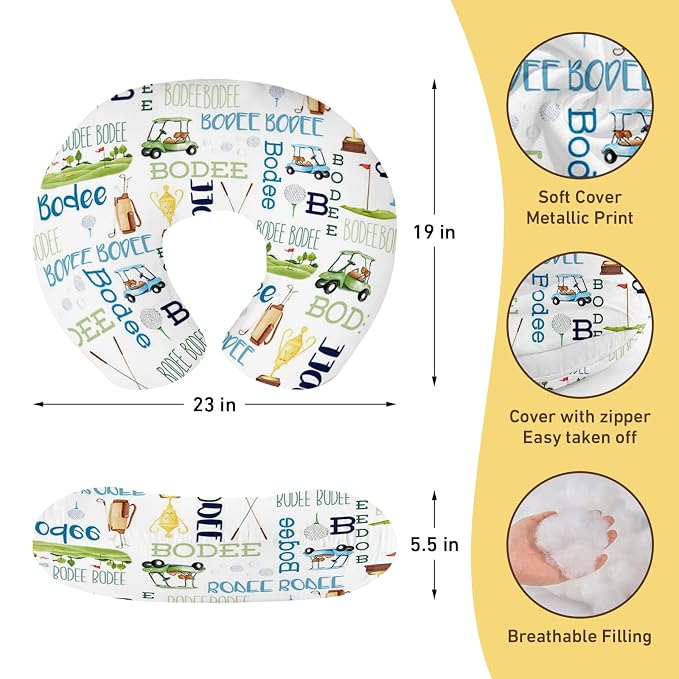 Baby Nursing Pillow Cover - Personalized Name Golf Theme Breastfeeding U-Shaped for Bottle Feeding, Ultra Soft Comfortable Breastfeeding Pillow Cover for Infant Baby Boys and Girls