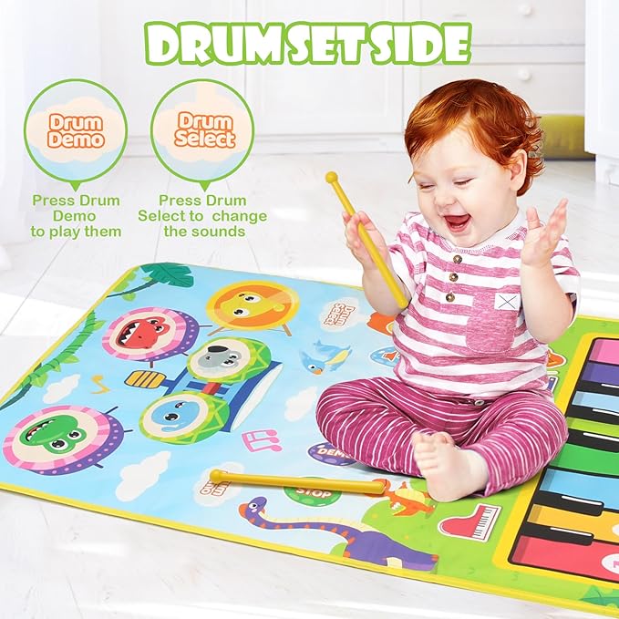 Baby Musical Play Mat,Early Educational 3 in 1 Floor Piano Drum Animal Touch 31.5"*19.6 " Play Blanket Montessori Sensory Musical Learning Toys,Baby Birthday (Green Dinosaur)