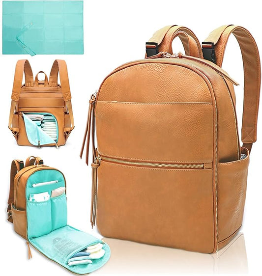 MOMINSIDE Diaper Bag Backpack Leather Diaper Bag with 6 Insulated Pockets, Baby Bag for Mom Dad, Baby Registry, Changing Pad, Stroller Straps,Diaper Backpack Diaper Bag Leather(Biscuit)