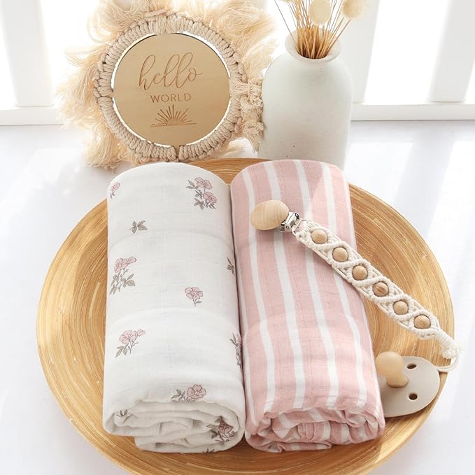 LifeTree Baby Swaddle Blankets, Boys Girls Muslin Swaddling Wrap Receiving Blanket for Newborn, 70% Viscose from Bamboo and 30% Cotton, Large 47" x 47", Pink Floral and Stripe