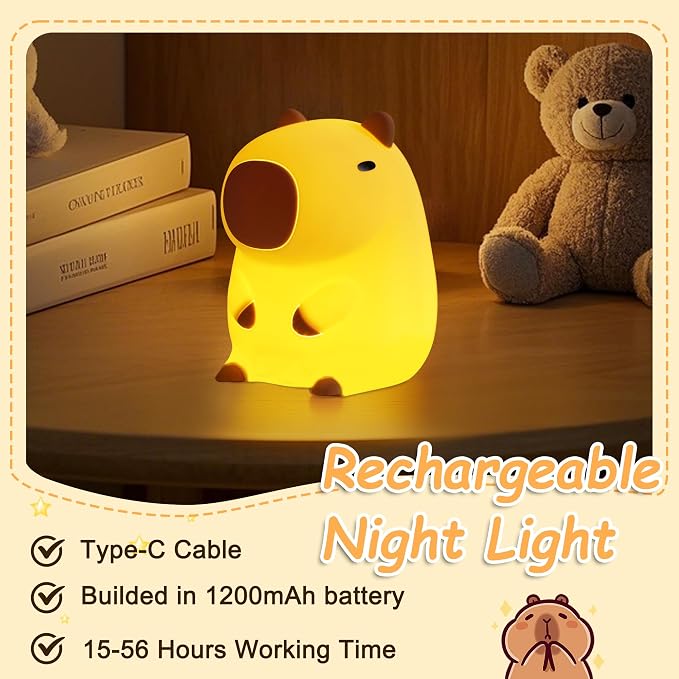 Capybara Night Light,Squishy Capybara Lamp Animal Nightlight Rechargeable Dimmer Timer for Home Room Decor Gift for Boys Girls Baby