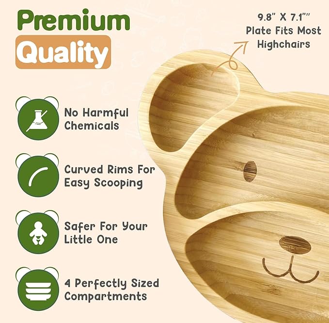 Bamboo Plates for Kids - Baby & Toddler Plates with Suction for Feeding & Weaning, Eco-Friendly Bear Design Promotes Self-Feeding, Ideal for Busy Moms & Dads, Sturdy & BPA-Free (Mint)