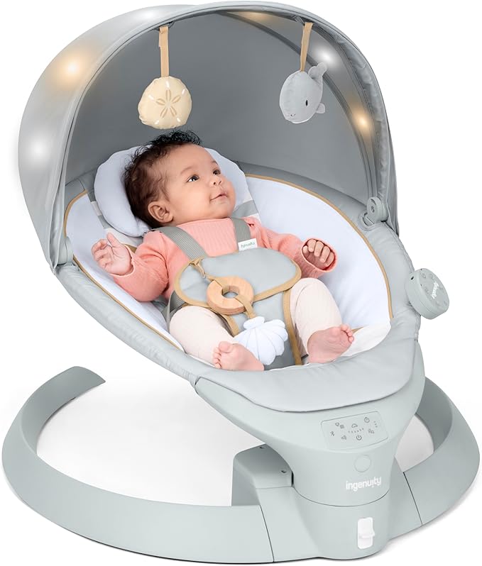 Ingenuity Inlighten Bounce & Sway Swing, Bluetooth Music, Canopy with Lights & Toys, Touch & Remote Controls, 3-in-1 Seat Modes, Machine Washable Pad, Ages 0+ Pebble Shore