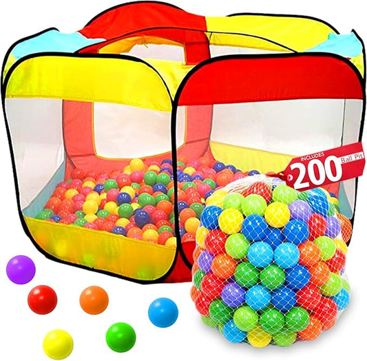 Kids Ball Pit Pop Up Large Tent for Toddlers - Indoor & Outdoor Gift Toys for Infants Girls & Boys, Baby Playpen with Zippered Storage Bag, 200 BallPit Balls Included