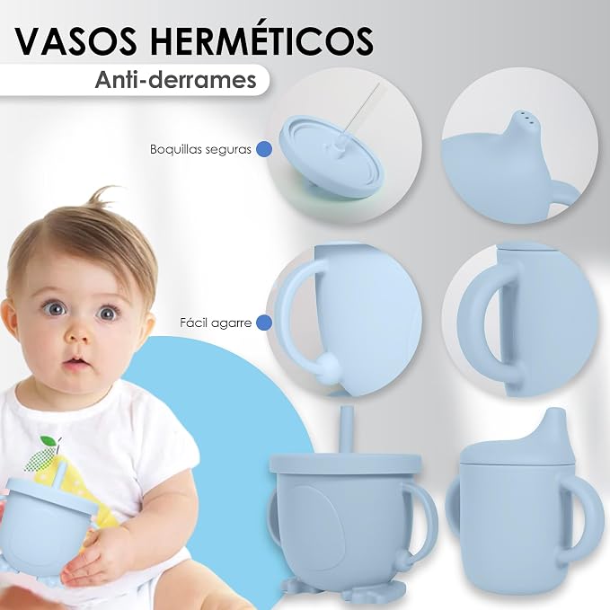 Bluet B- Silicone Baby Feeding Set with Pacifier - Baby Led Weaning Supplies - Baby Spoons, Suction Bowl - Plate - Baby Utensils Set - Silicone Feeding Set for Baby First Foods -11pcs - Light Blue