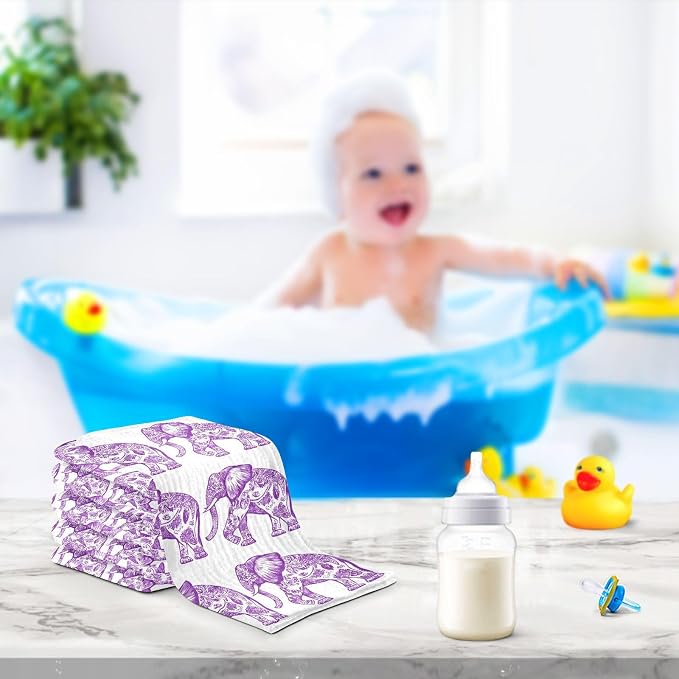 vvfelixl Baby Muslin Washcloths Purple Outline Elephant Baby Burp Cloths Cotton Babys Face Towel for Newborn Infants Boys Girls Soft and Absorbent 11.8 X 11.8 in, 3 Pack
