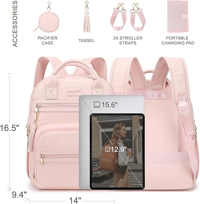 ROSEGIN Premium Vegan Leather Diaper Bag Backpack with Waterproof Changing Pad, Reinforced Zippers & Odor-Free, 20 Pockets Pro Organizer, Fits 15.6" Laptop, Stroller Straps, Baby Bag for Mom, Pink