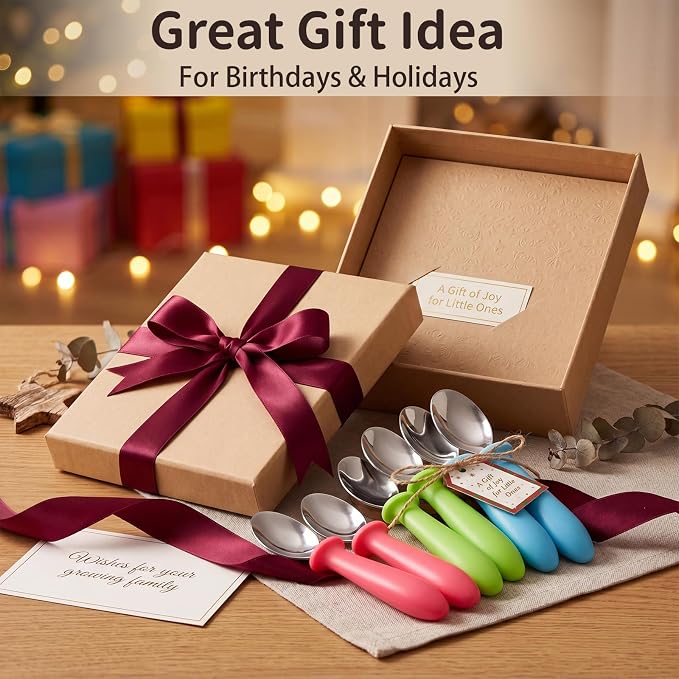 Pimoys 6-Pack Baby Spoons Toddler Utensils, 18/8 Stainless Steel Self-Feeding Spoons for Kids, Dishwasher Safe Flatware Set for Holiday Birthday Gifts