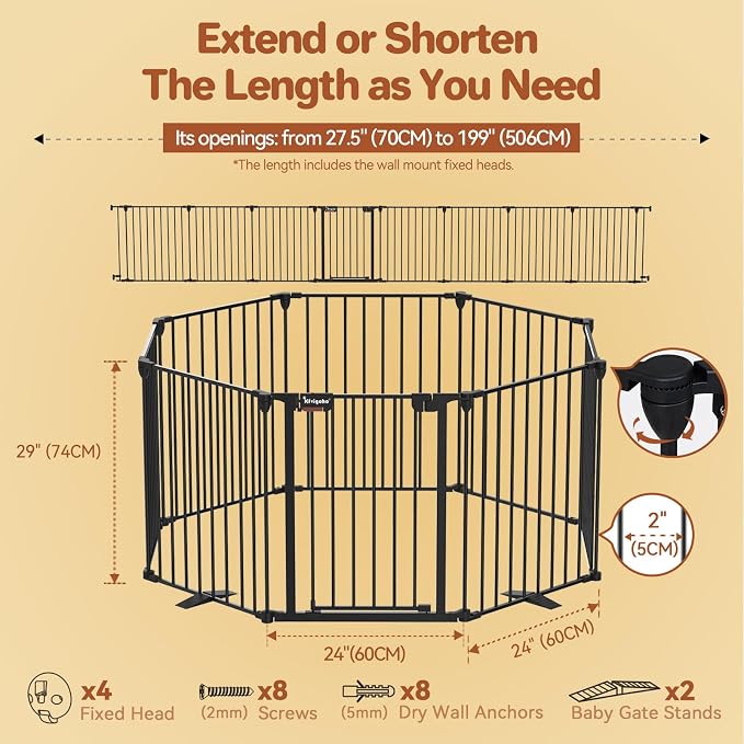 Kfvigoho Baby Gate 27.5"-199" Extra-Wide Playpen with Stands, Play Yard Child Safety Fence, Dog Gate with Auto-Close Door, Double Locking System for Fireplace, Foldable 8 Panels, Black 29" Height