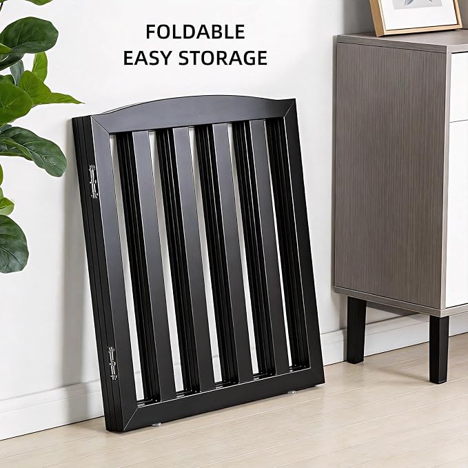 ZJSF Foldable Freestanding Indoor Dog Gate for House Wood Long Pet Gates Dog Fence for Stairs Puppy Gates for Hallways, Puppy Gate,Support Feet Included, Black, 32 "Height-6 Panels