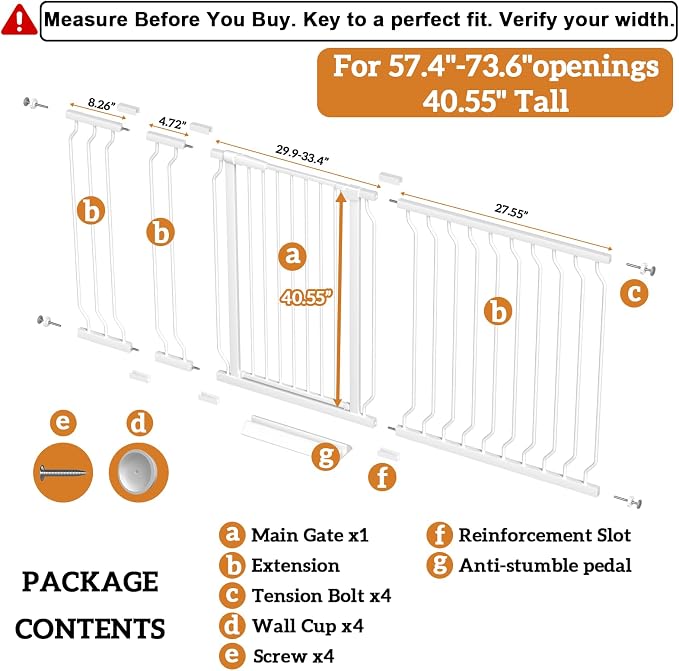 Extra Tall 40.55" Gate, 57.48"-73.62" Extra Tall and Wide Dog Gate,Extra Wide Baby Gates Pressure Mounted Walk Through for Doorways,Stairs, Kitchen White