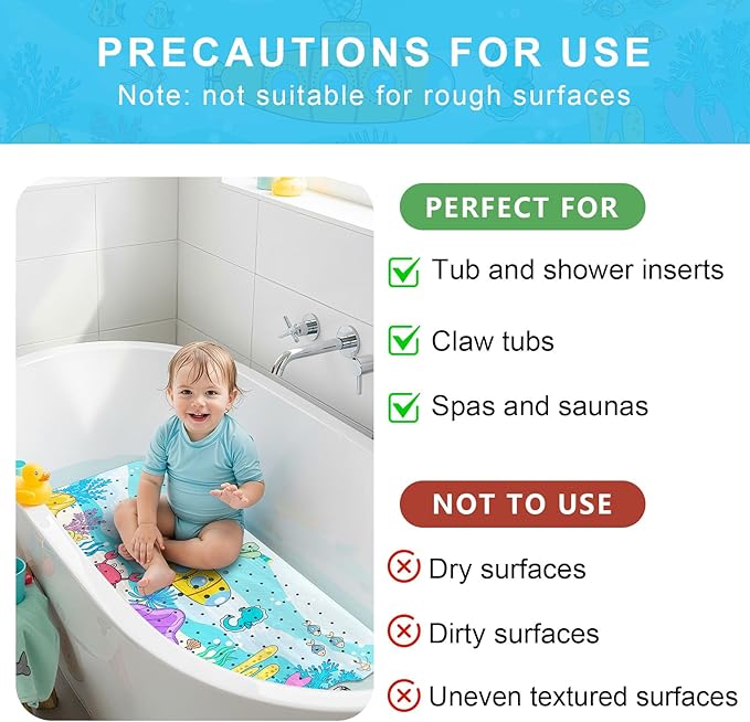 Upgrade Cartoon Baby Bath Mat Non Slip -40"x16" Extra Long Bathtub Mat for Baby Eco Friendly Durable Bath Mat for Tub Non Slip Kids Tub Mat with Suction Cups, Machine Washable and No Fading, Submarine