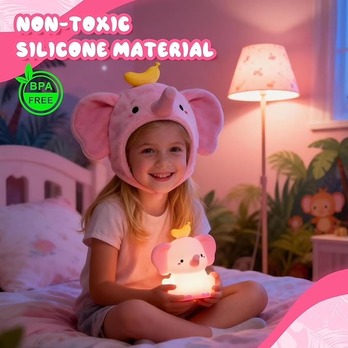 Ammonite Pink Elephant Night Light, Soft Silicone Elephant Nursery Lamp with 2 Dimming Levels and 20-Minute Timer, Touch Control Nightlight for Bedroom Decor, Christmas Birthday Gift