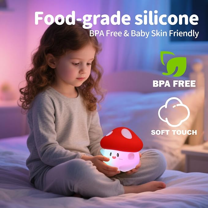 Rytinazzz Silicone Night Light for Kids, 50H Long Battery Mushroom Lamp, RGB Color Changing Mood Light, Gift for Kids, Rechargeable Tap Control, Dimmable Bedside Light