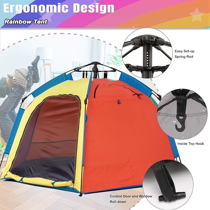 Portable Hexagon Kids Play Tent with LED Strip Lights Indoor Children Play House Easy Set-up Space Dream Tent for Night 4-5 Person Large Tents & Birthday Gifts