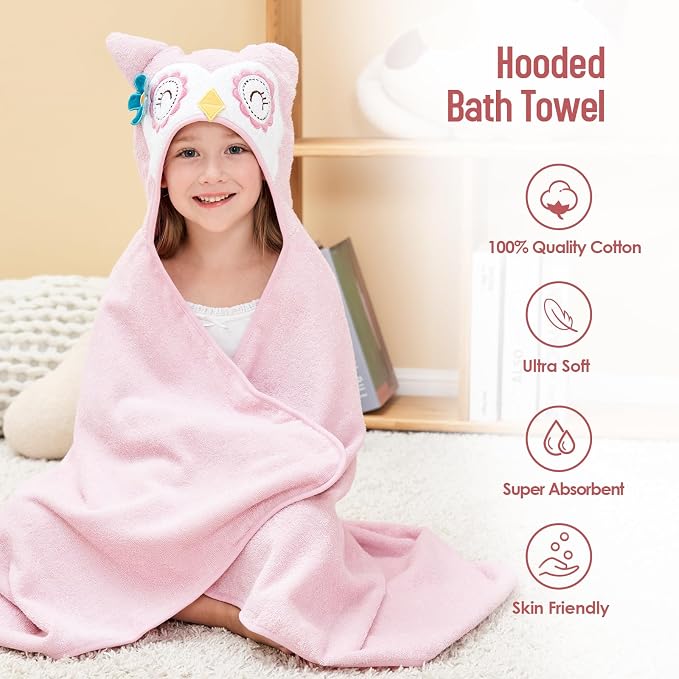 Style Quarters Baby Bath Towel - 100% Cotton Terry Soft Hooded Towel Cartoon Owl Baby Beach Towels Super Absorbent Large Embroidery Kids Hooded Bath Toddler Towel with 50"x30"(Pink Owl)