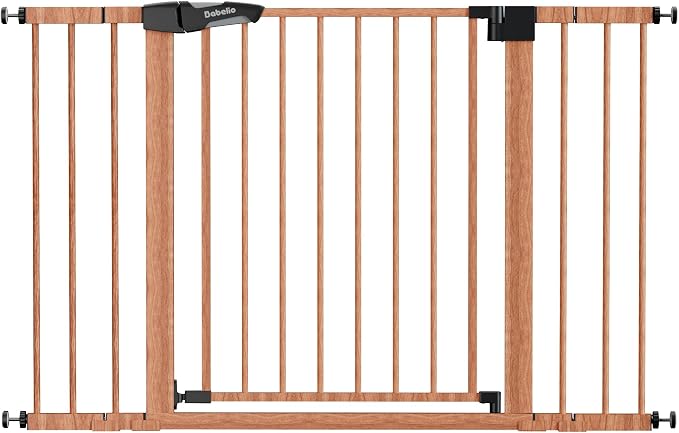 Babelio 29-48" Metal Baby Gate with Brown Wood Pattern, Auto Close Dog Gate PressGuard P7 for The House, Stairs and Doorways, Pressure Mounted Pet Gate with Door, Safety Gate for Child and Pets