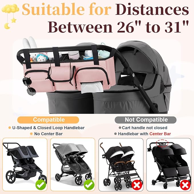 GDNasist Double Stroller Organizer Compatible with Bob Duallie and Baby Jogger City Mini GT2, Double Baby Stroller Accessories with Cooler Bag, Parent Console Double Jogging Stroller Caddy, Pink