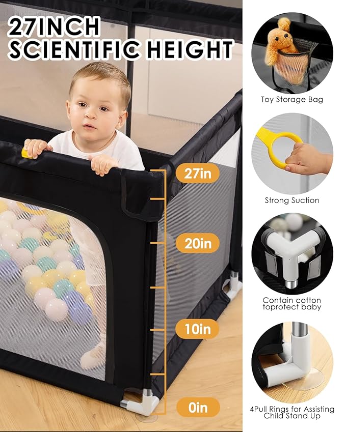 [Upgraded] dearlomum Baby Playpen, 71"x59" Extra Large Playard with Thickened Steel Pipes, Baby Activity Center with Gate & Toys, Sturdy Soft Mesh Safety Fence for Toddlers (Black)