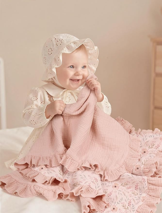 lulumoon Muslin Baby Blanket for Girls: Soft Breathable Cotton Crib Blanket with Ruffle - Floral Print Lightweight Receiving for Wrap Newborn & Nursery Stroller 40"x36"(Pink Flower)