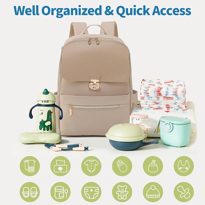 Baby Diaper Bag Backpack Medium Baby Bag with Laptop Compartment, Travel Backpack Purse Stylish Compact Baby Bag with Insulated Pockets (Brown Taupe)