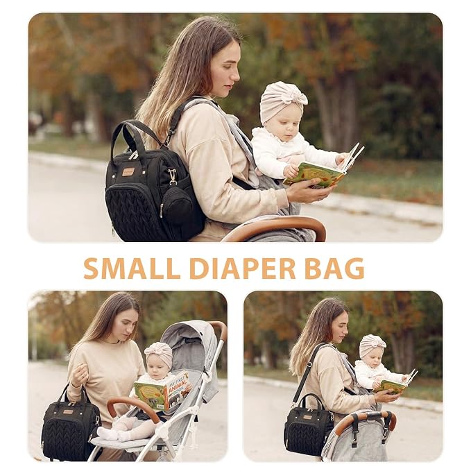 FHELAD Small Diaper Bag Backpack, Toddler Diaper Bags Waterproof Multi-Function Newborn Baby Stylish Mini Tote Maternity Bags (Black with Pacifier Case)