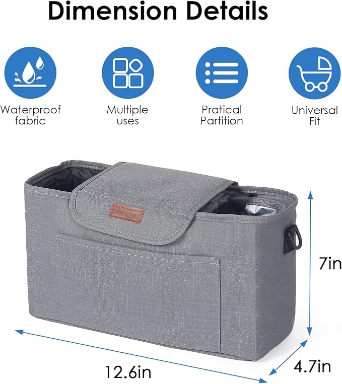 Beberoad Love Stroller Organizer with Cup Holder, Stroller Hanging Bag with Shoulder Strap, Waterproof & Durable Stroller Caddy for Baby Wipes, Bottles, Essentials, Fits Most Strollers (Grey)