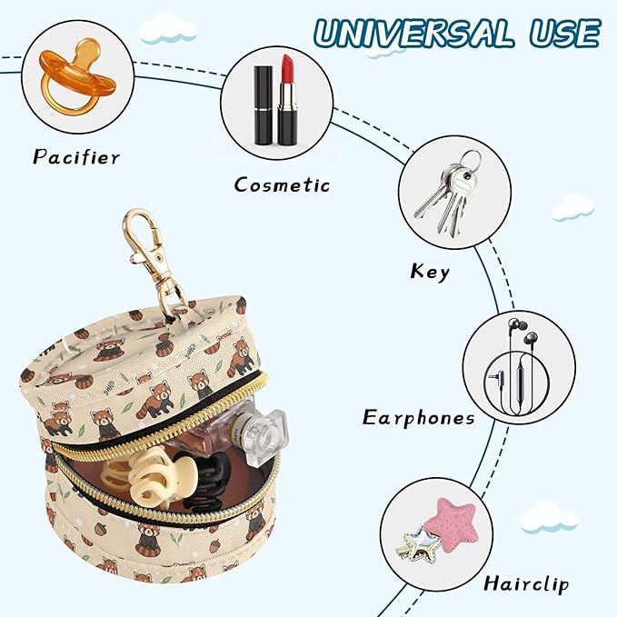 Cute Red Pandas Beige Print Pacifier Holder Case for Diaper Bag Portable Travel Pacifier Storage Case with Clip Pacifier Storage Container for Outdoor Purse Baby Girls Boys