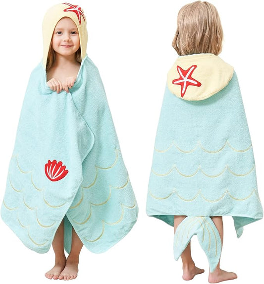 Style Quarters Premium 100% Cotton Terry Kids Beach Towel with Mermaid Embroidery - Hooded Bath Towel for Toddlers, Cyan 50"x24"