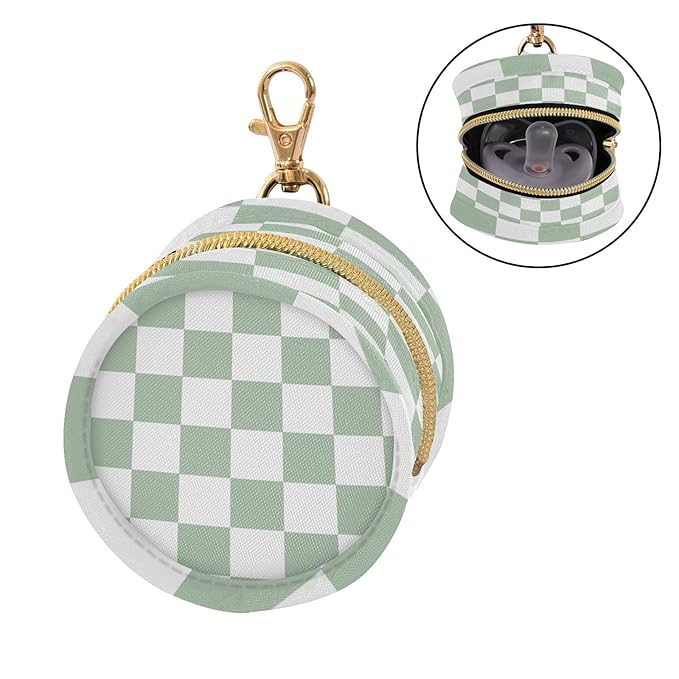 Pacifier Holder with Clip Pacifier Case for Diaper Bag Round Baby Pacifier Pouch Box Bag Portable Checkered White and Green