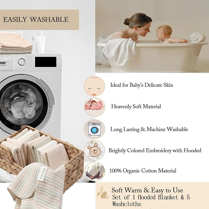 6-Pack Organic Cotton Baby Bath Set - Embroidered Hooded Towel & 5 Soft Washcloths, Ultra Soft Newborn, Toddlers, Registry Gift for Boys & Girls, Brown 37.5 x 37.5 Inches