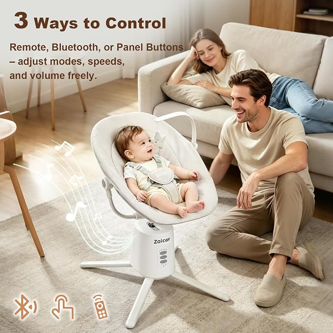 Zoicay Baby Swing,Baby Swings for Infants with 3 Modes & 5 Speeds, BT Enabled App & Remote Control, Electric Swing – 6 Melodies and 3 Timer Setting, 2 Seat Positions and 5-Point Harness Swing (White)